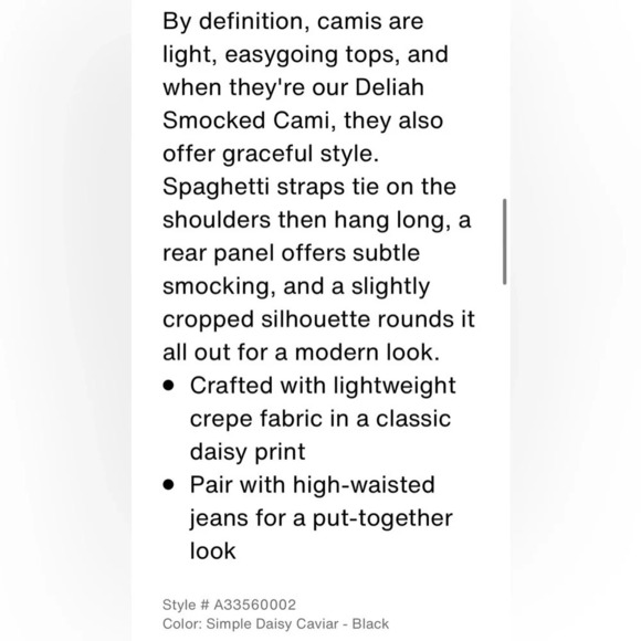 Levi’s NWT Deliah Simple Daisy Caviar Black/White Floral Smocked Cami Tie Strap - Picture 11 of 16